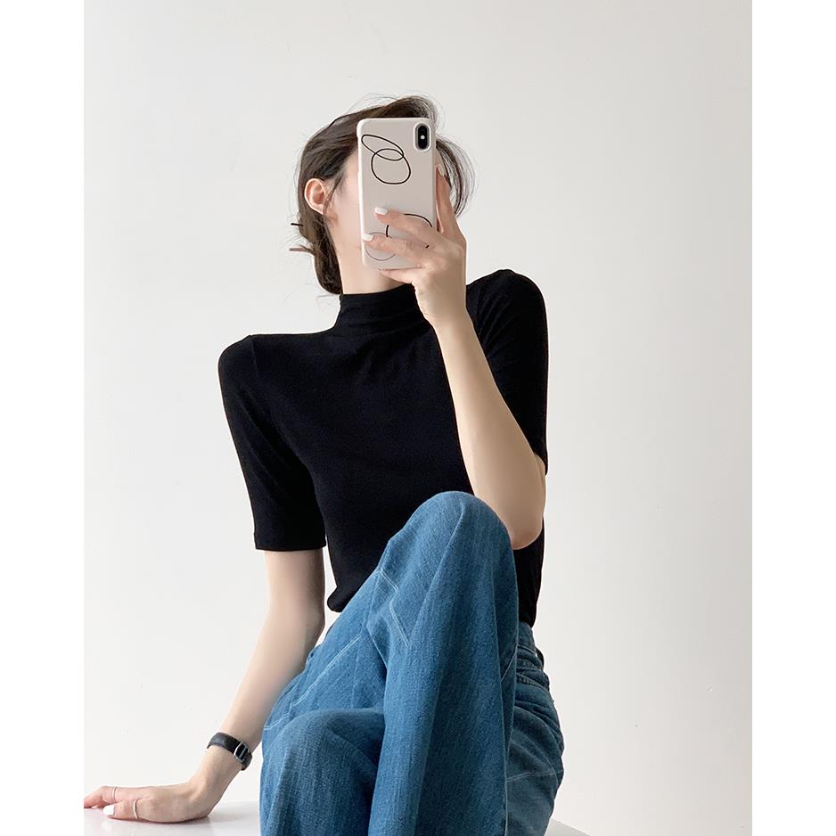 2025新款韩版黑色短袖半高领针织衫女高弹2025新款设计感内搭打底