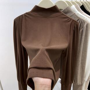 2025新款韩版泡泡袖磨毛漂亮打底衫女秋冬新款灯笼袖覆古半高领内