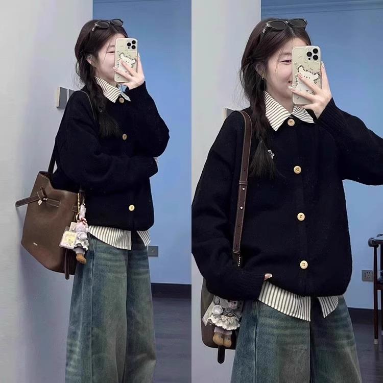 2025新款韩版韩系假两件学院风衬衫领毛衣女外套秋冬polo领慵懒高