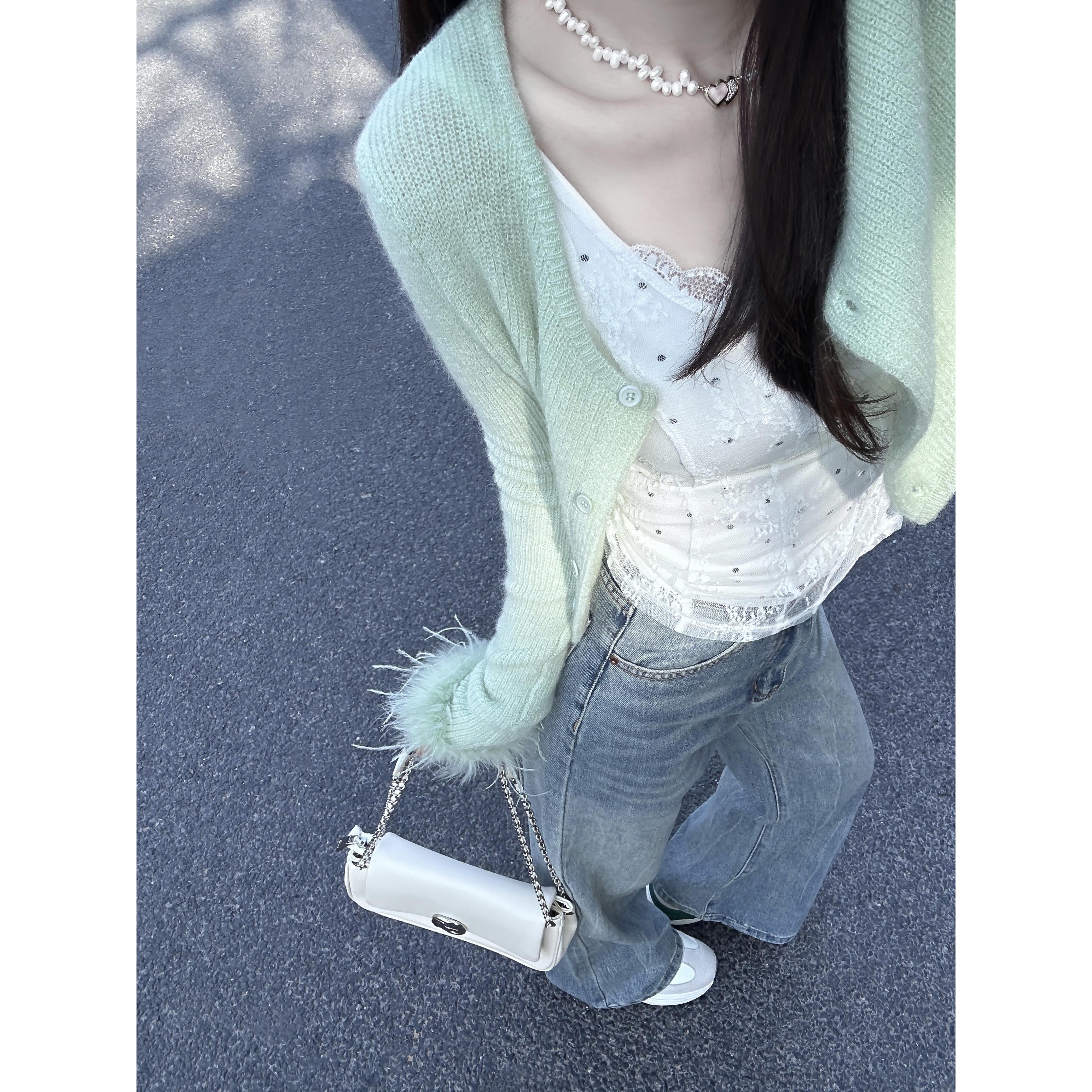 2025新款韩版马海毛绿色针织开衫女春季2025新款气质宽松短款外套