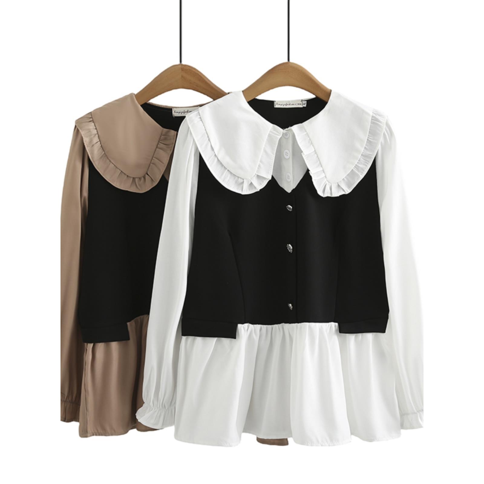 2025新款韩版大码秋季韩版女士时尚长袖衬衫胖mm娃娃领撞色拼接假