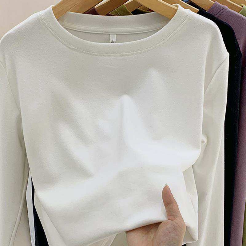 2025新款韩版白色德绒打底衫女秋季洋气磨毛加绒厚长袖t恤修身简