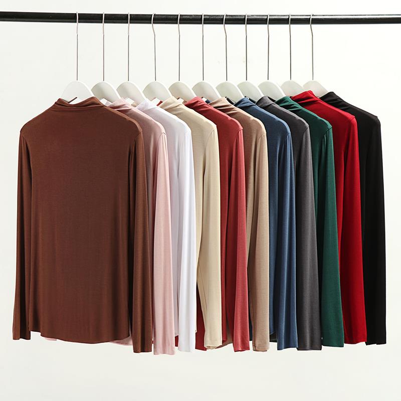 2025新款韩版早秋莫代尔半高领长袖内薄t恤女士修身上衣纯色秋装