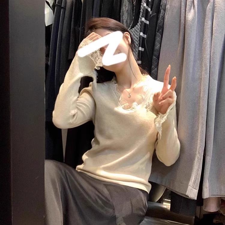 2025新款韩版韩系蕾丝V领长袖针织衫女秋冬穿搭设计感内搭打底修