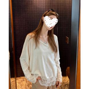 2026秋冬新款白色V领蕾丝花边下摆拼接磨毛加绒长袖T恤季打底衫内