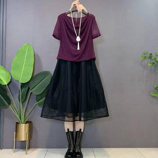 新款 胖m 韩版 女装 2025新款 大尺码 冰丝网纱短袖 2025夏季 T恤小衫