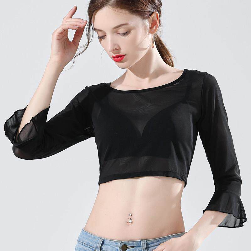 2026新款韩版女装夏装蕾丝半截蕾丝网纱打底衫七分喇叭袖透视半身