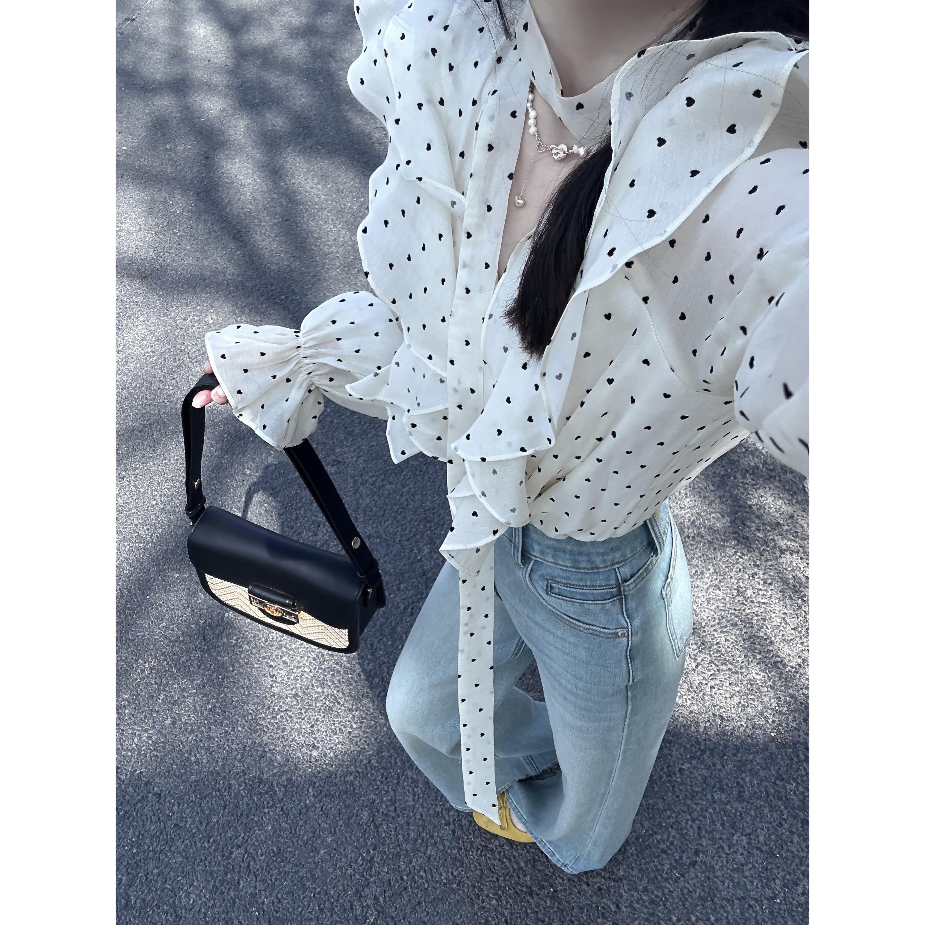 2025新款韩版法式荷叶边波点雪纺衬衫女春秋2025新款高级感独特别