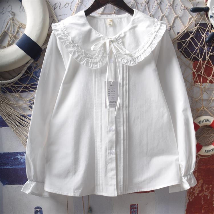 2025新款韩版日系软妹学院风荷叶边娃娃领系带蝴蝶结宽松纯棉长袖
