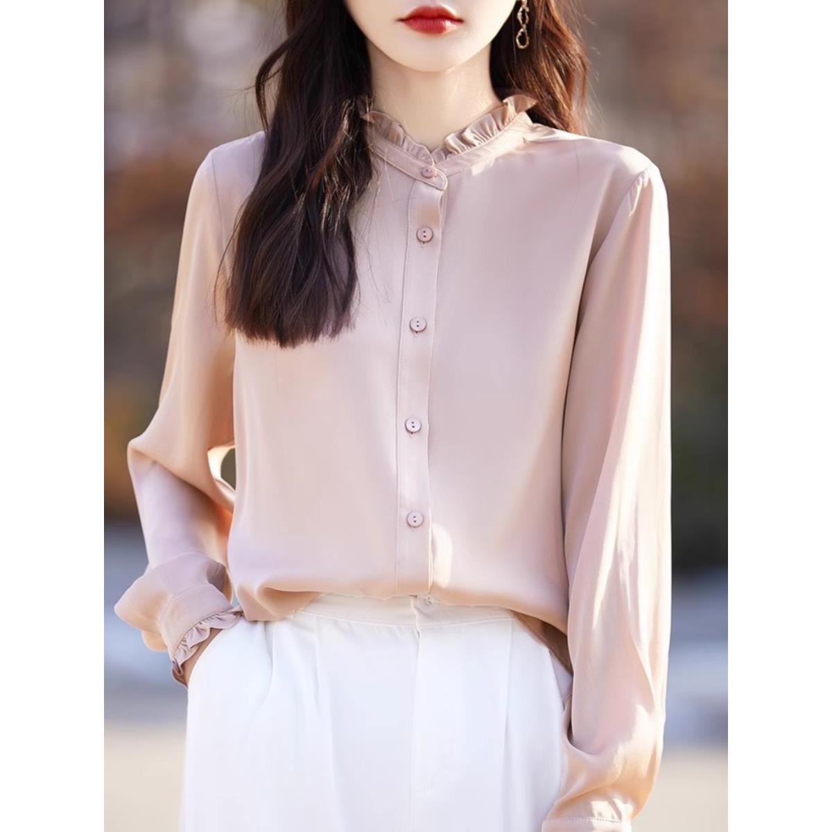 2025新款韩版气质木耳边衬衫女外套衬衣立领优雅打底开衫内搭时尚