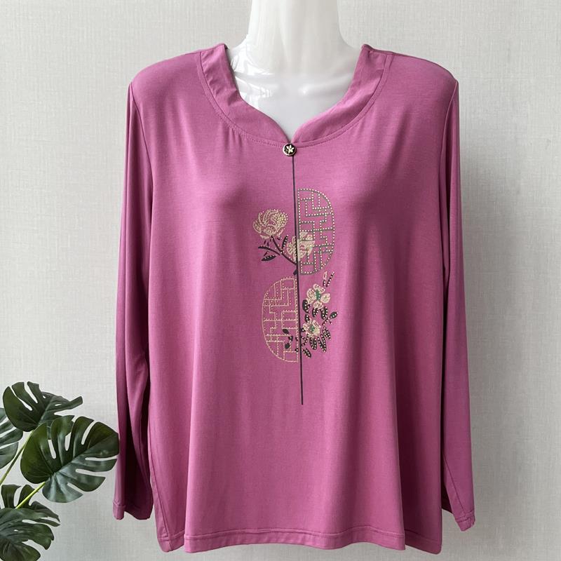 2025新款韩版莫代尔长袖上衣女中老年妈妈春秋装大尺码宽松T恤奶