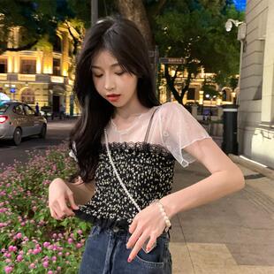 女夏内搭甜美可爱半透套头网纱小 2025新款 韩版 纯欲白色短袖 蕾丝衫