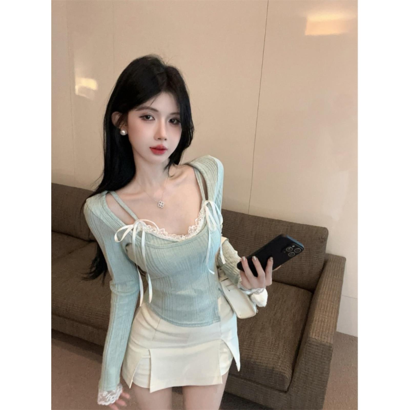 2025新款韩版纯愿望绿色针织底衬衫的妇女早秋吊带裤蕾丝与别致甜