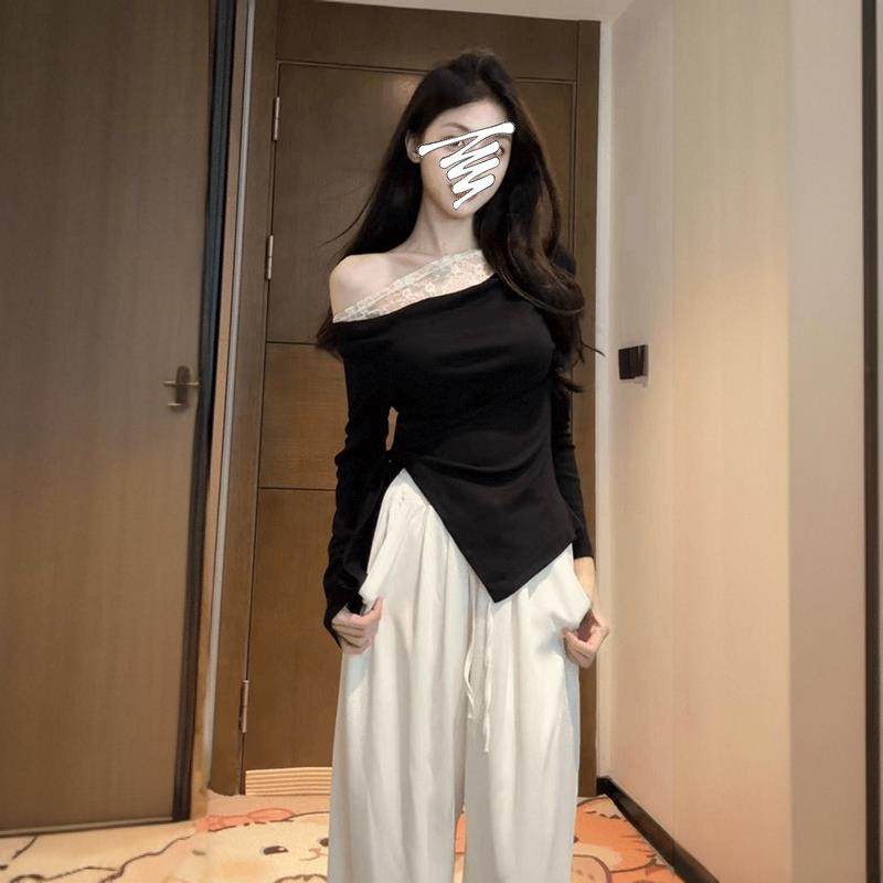 2026秋冬新款纯欲风拼接蕾丝内搭一字肩上衣女夏季修身显瘦露肩长,男装,T恤,淘宝优惠券,粉丝福利购,淘宝优惠卷