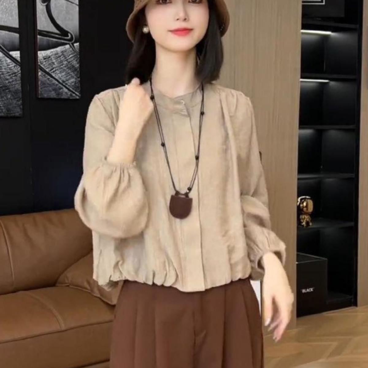 2025新款韩版港味复古设计感别致小众气质上衣圆领长袖单排扣质感