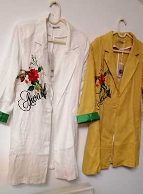 欧若朵白色姜黄色搭花拼色2025新春夏天然苎麻中长款西装外套女