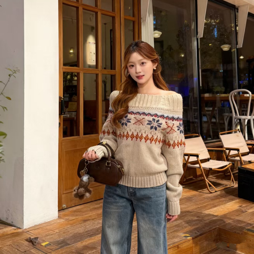 费尔岛风一字领漏检针织毛衣女秋冬季加厚保暖设计感百搭套头上衣