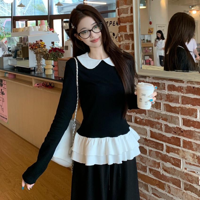 秋冬氛围感娃娃领撞色荷叶边长袖针织衫女休闲风修身显瘦百搭T恤