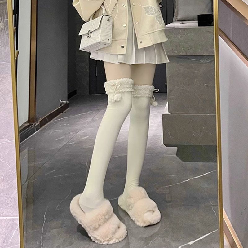 秋冬保暖Lolita长筒袜带绒边毛球中筒袜可爱过膝jk袜百搭过膝袜