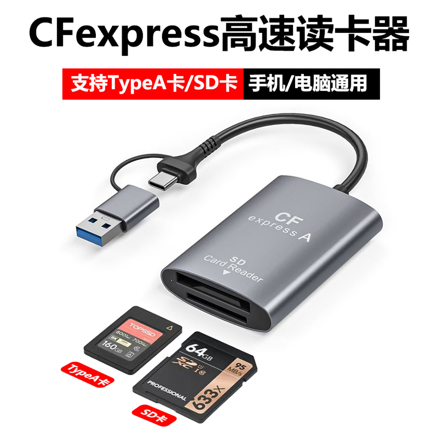 cfe读卡器CFexpress TypeA卡SDXC UHS-II卡SD储存卡CFA卡高速typec口USB适用索尼相机FX6/FX3/A7S3/A1/a7m4R5