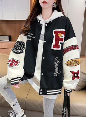 美式复古棒球服外套女2025春秋新款宽松大码刺绣休闲情侣款夹克潮