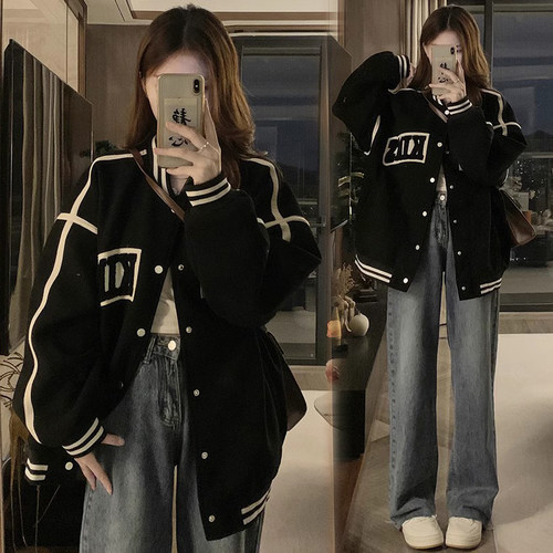 棒球服外套女春秋季宽松大码夹克