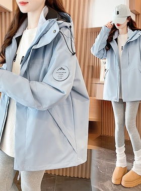 蓝色三合一冲锋衣外套女2025新款秋冬季可拆卸加绒加厚户外登山服