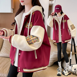 美式复古加绒加厚棒球服外套女秋冬新款宽松刺绣学生百搭连帽棉服