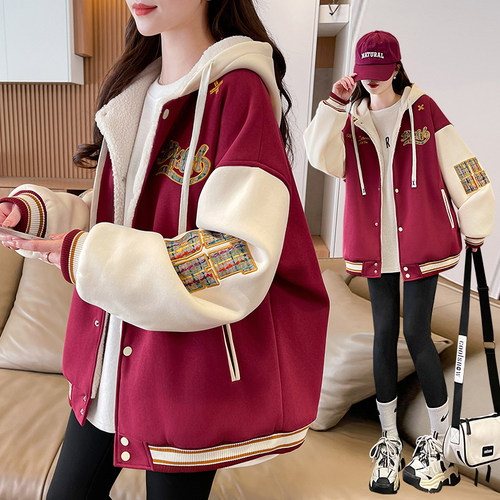 美式加绒加厚棒球服外套女秋冬款
