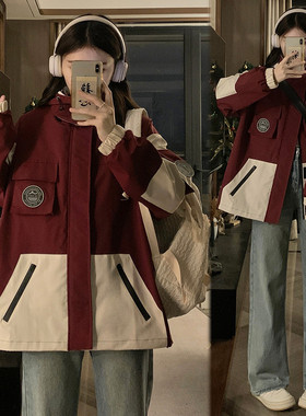 美式复古冲锋衣外套女2025春秋冬款宽松大码连帽百搭情侣工装棉服