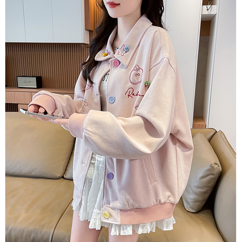 美式复古粉色麂皮绒外套女春秋款