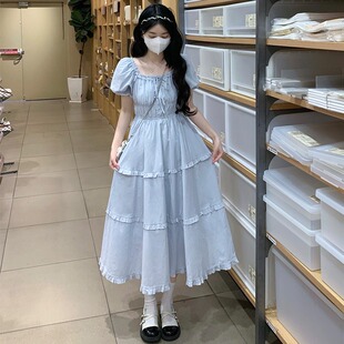 设计感收腰显瘦仙女长裙 法式 甜美泡泡袖 方领连衣裙小个子夏季 新款