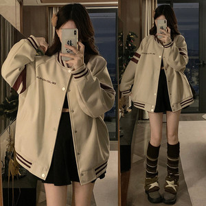美式复古棒球服外套女春秋2024新款宽松印花休闲百搭学生夹克上衣