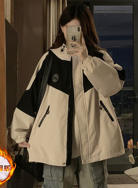 加棉加厚冲锋衣棉服女2025春秋新款宽松大码学生百搭连帽工装外套