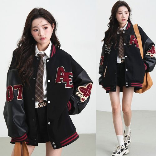 美式情侣PU拼接棒球服外套女春秋