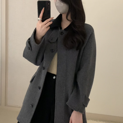 一善设计绒洋气百搭拼色立领一手中长羊毛外套（含80澳毛）5625-1