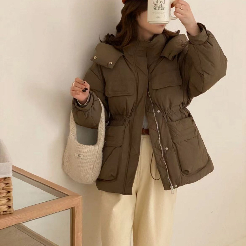 一善小众设计冬上新日系简约中长款抽绳收腰保暖羽绒服外套8690