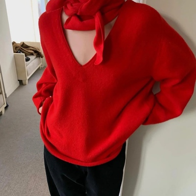 一善设计n气质卷边V领针织毛衣羊绒衫（含15羊绒）大连东鸣-Z-733