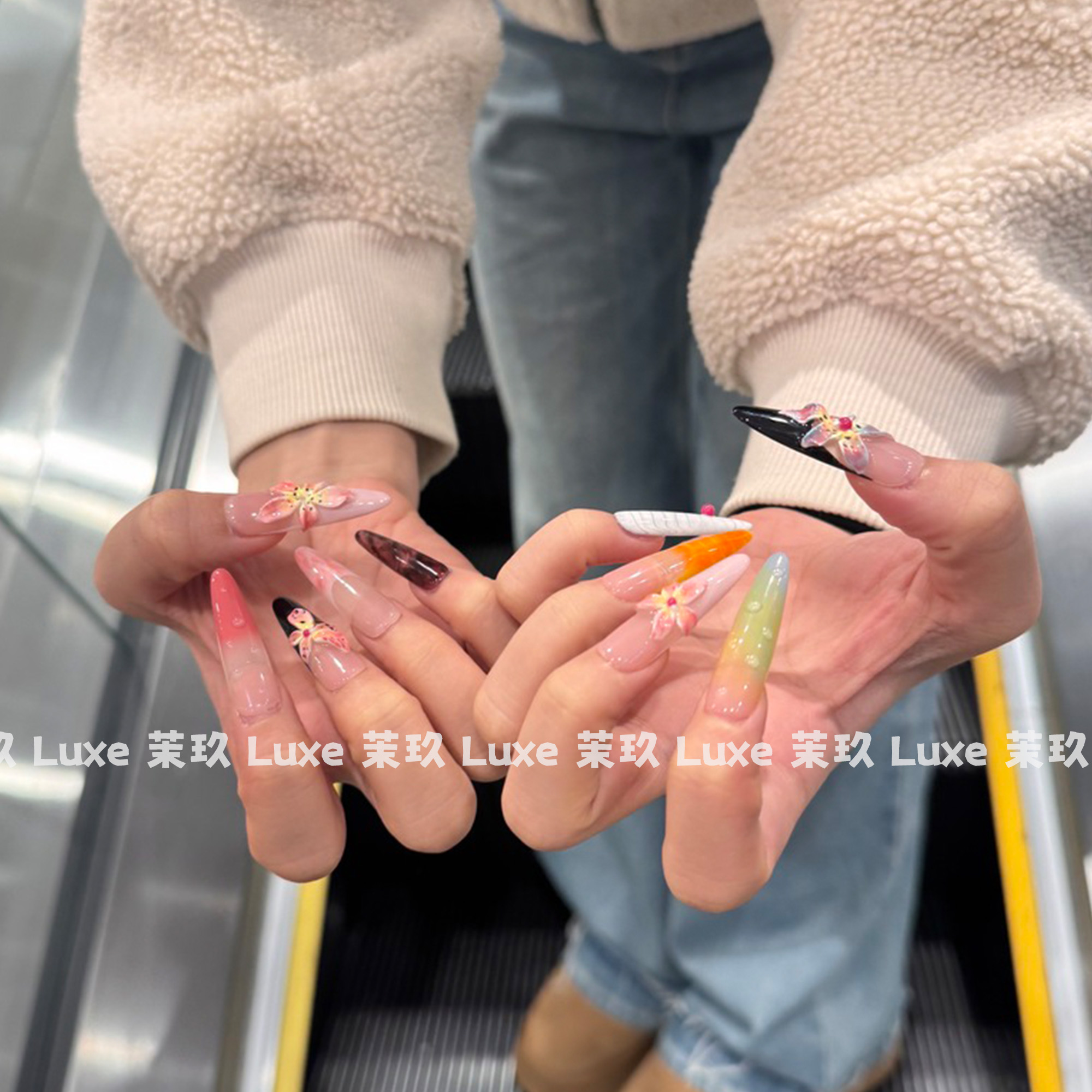 多巴胺精致美甲甜辣海岛风法式精美立体水露雕花晕染纯手工穿戴甲