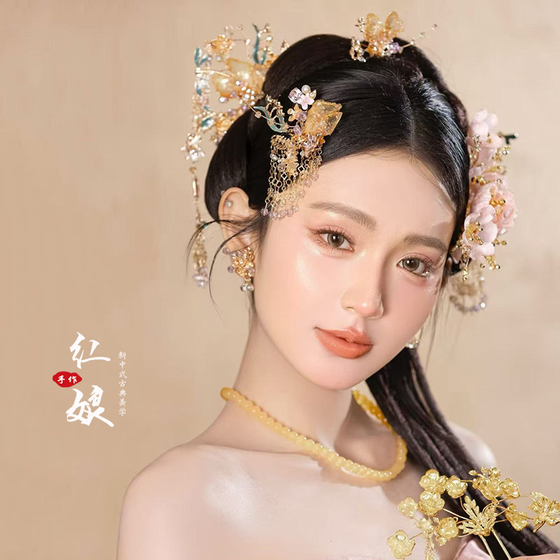 新款新中式超仙头饰中式香槟粉甜美减龄高级感晨袍拍照造型发饰
