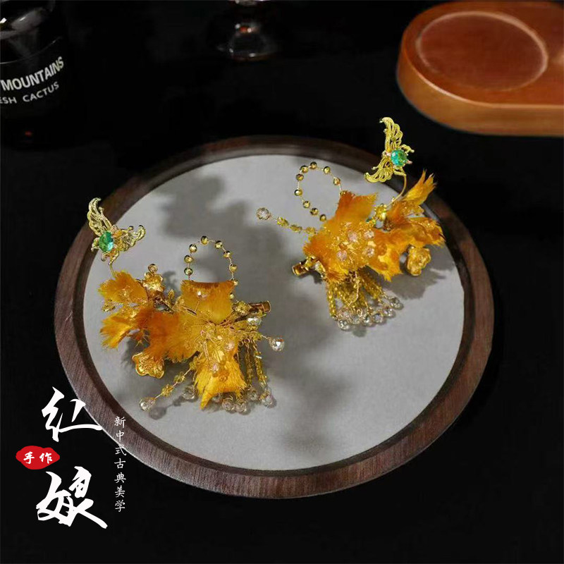 新款新中式金色花朵蝴蝶边夹发饰秀禾服龙凤褂晨袍旗袍影楼配饰