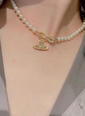 土星灰色珍珠别针项链轻奢小众锁骨链高级感手链时尚百搭女