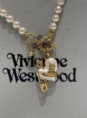 西后歪爱心土星别针珍珠项链 手链 玫红色心型吊坠星球毛衣链