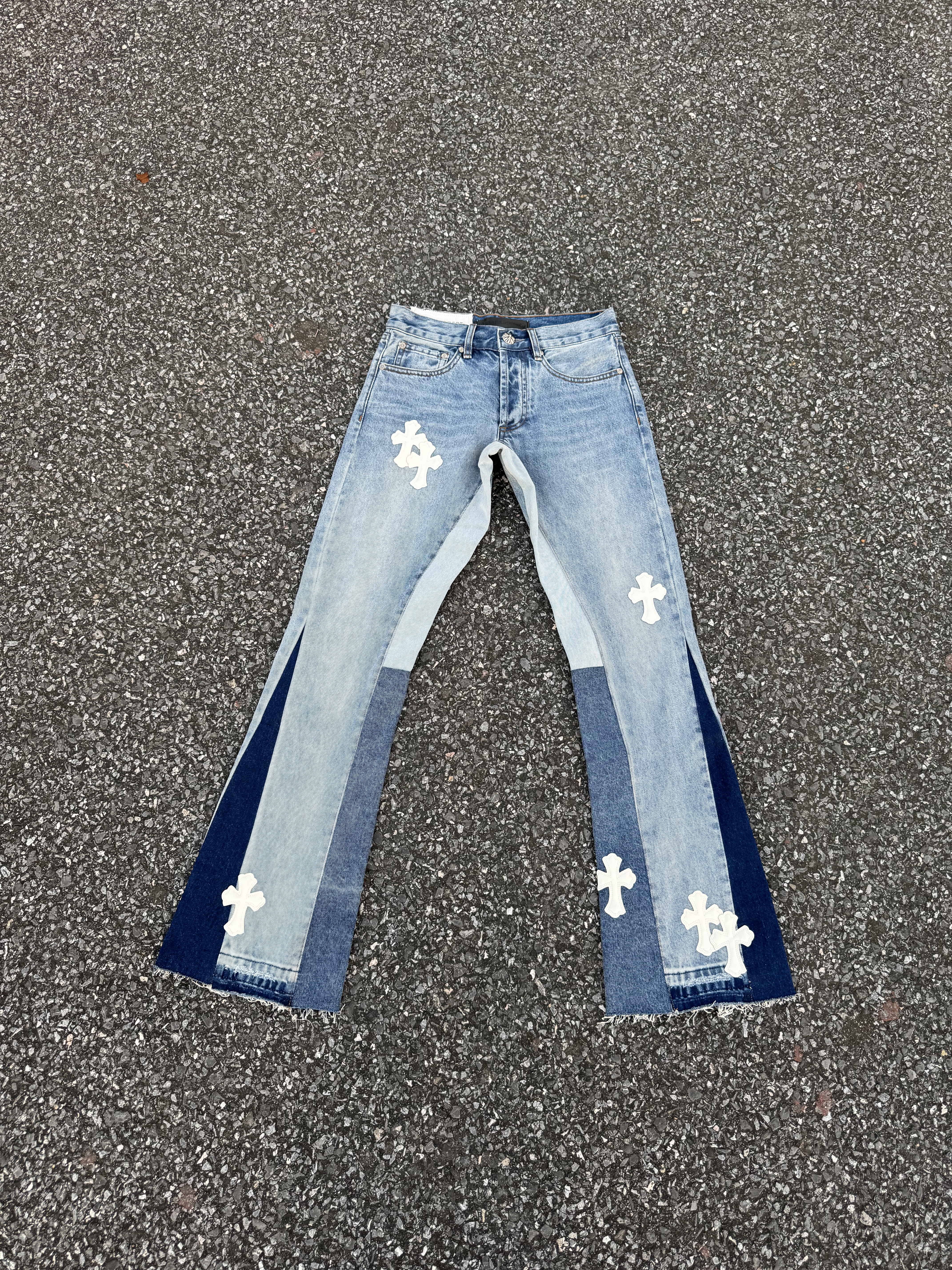 十字架牛皮拼接牛仔裤 雪花纹头层小羊皮 洗水微喇版型 cleanfit