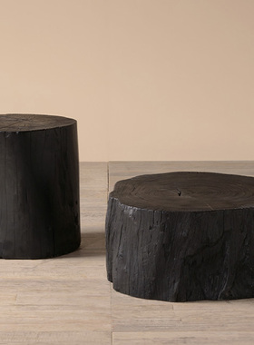 侘寂风茶几炭烧黑色树墩子圆形茶几组合复古民宿原木咖啡桌边角几