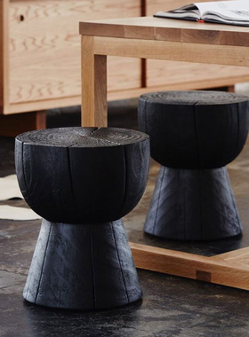 北欧碳化实木墩子民宿沙发旁边几摆件黑色树桩侘寂根雕换鞋矮凳子