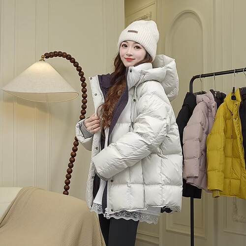 冬季新款羽绒服女中长款面包服减龄韩系连帽白鸭绒加厚保暖外套
