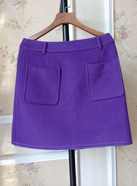 哥邦专柜撤柜 LiLi品牌折扣店 冬季新款女装 葡萄紫色 羊毛呢短裙