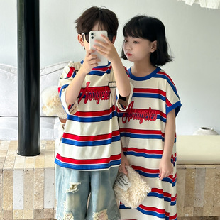 童T恤2026夏男童女童韩版彩色条纹短袖儿童圆领中长款宽松卫衣裙