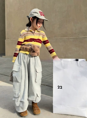 女童套装26秋季新款韩版休闲百搭条纹毛衣开衫中大童工装抽绳卫裤